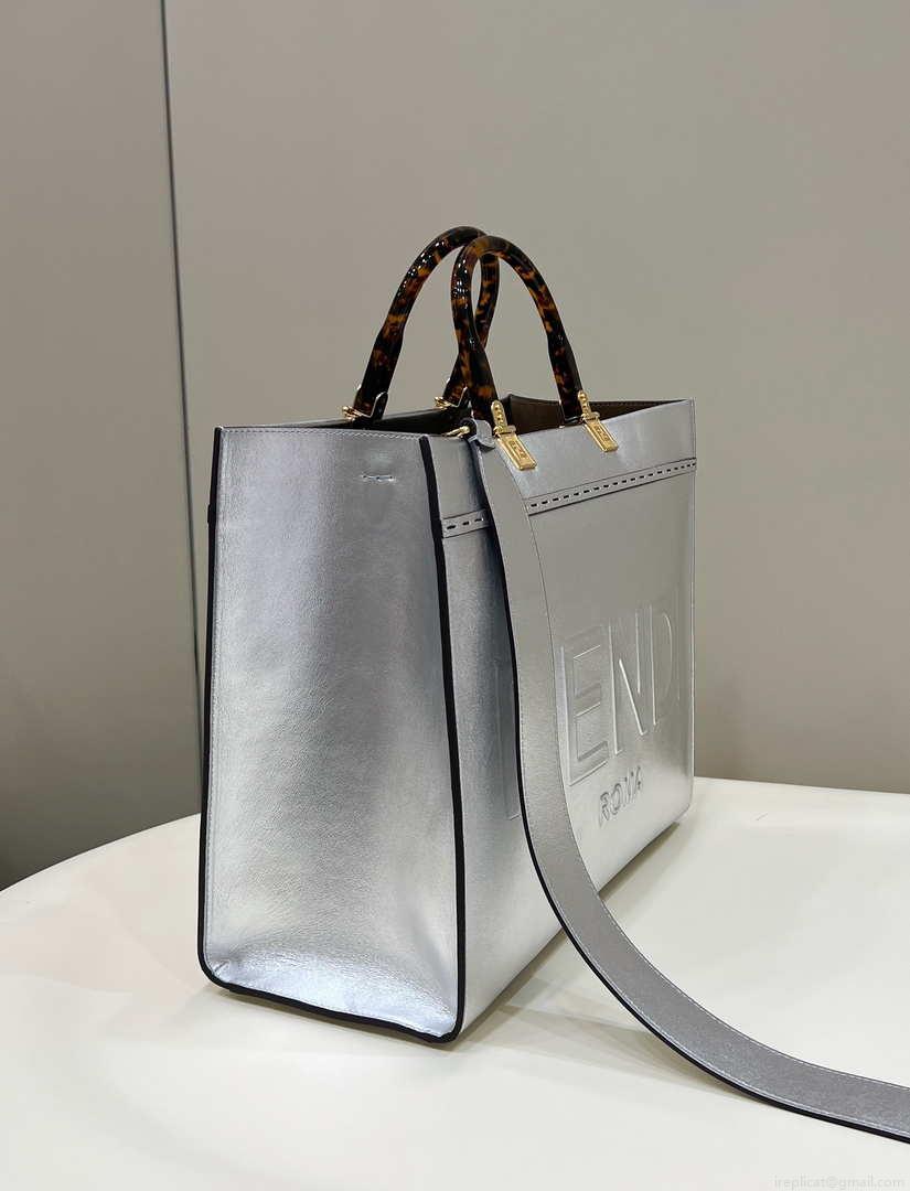 Fendi 8553 Sunshine Medium Bag 8BH386 Silver Laminated leather shopper