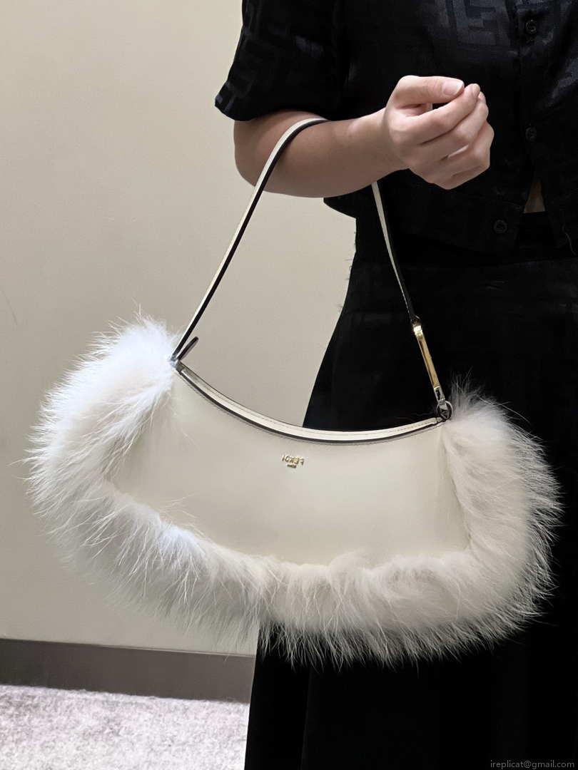 Fendi 8BS068ALS9F1IVS O’Lock Swing Camellia leather and fox fur pouch 8573 White