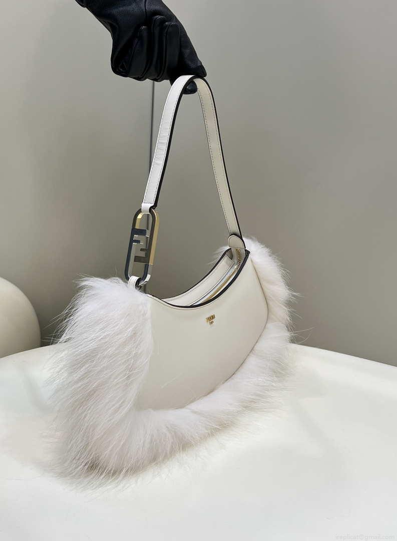 Fendi 8BS068ALS9F1IVS O’Lock Swing Camellia leather and fox fur pouch 8573 White