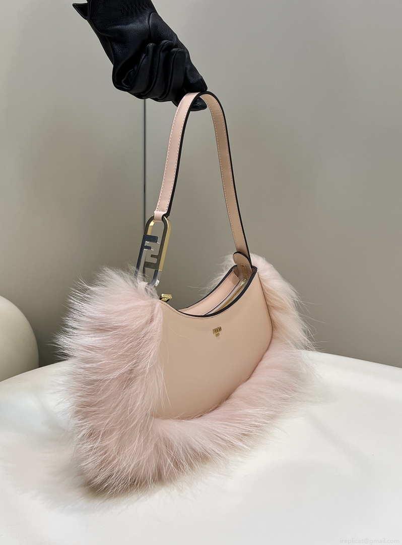 Fendi 8BS068ALS9F1IVT O’Lock Swing Pale pink leather and fox fur pouch 8573