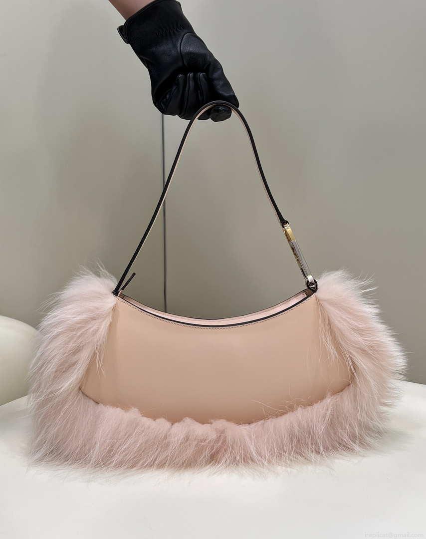 Fendi 8BS068ALS9F1IVT O’Lock Swing Pale pink leather and fox fur pouch 8573