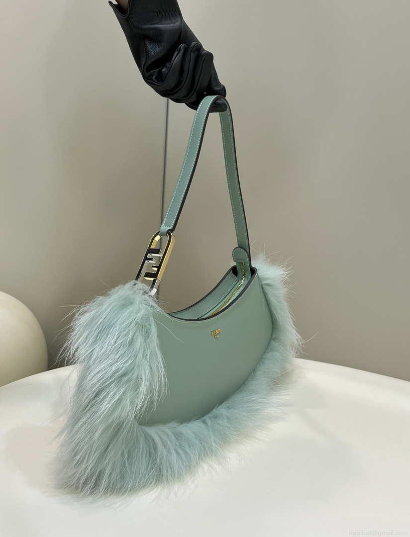Fendi 8BS068ALS9F1IVT O’Lock Swing Green leather and fox fur pouch 8573