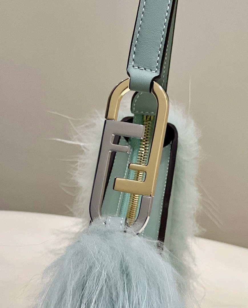 Fendi 8BS068ALS9F1IVT O’Lock Swing Green leather and fox fur pouch 8573