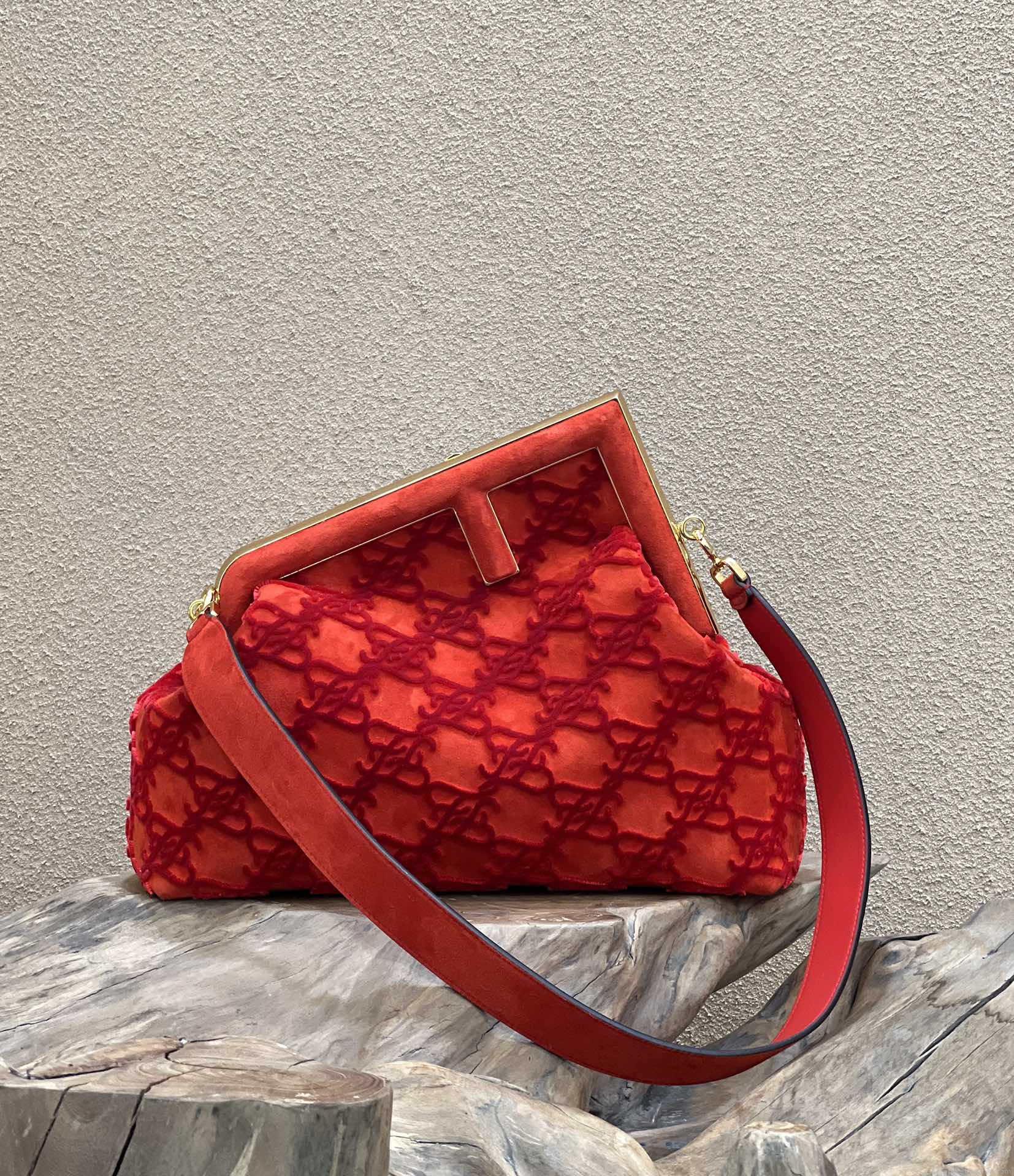 Fendi 8BP127 Fendi First Medium Red suede bag