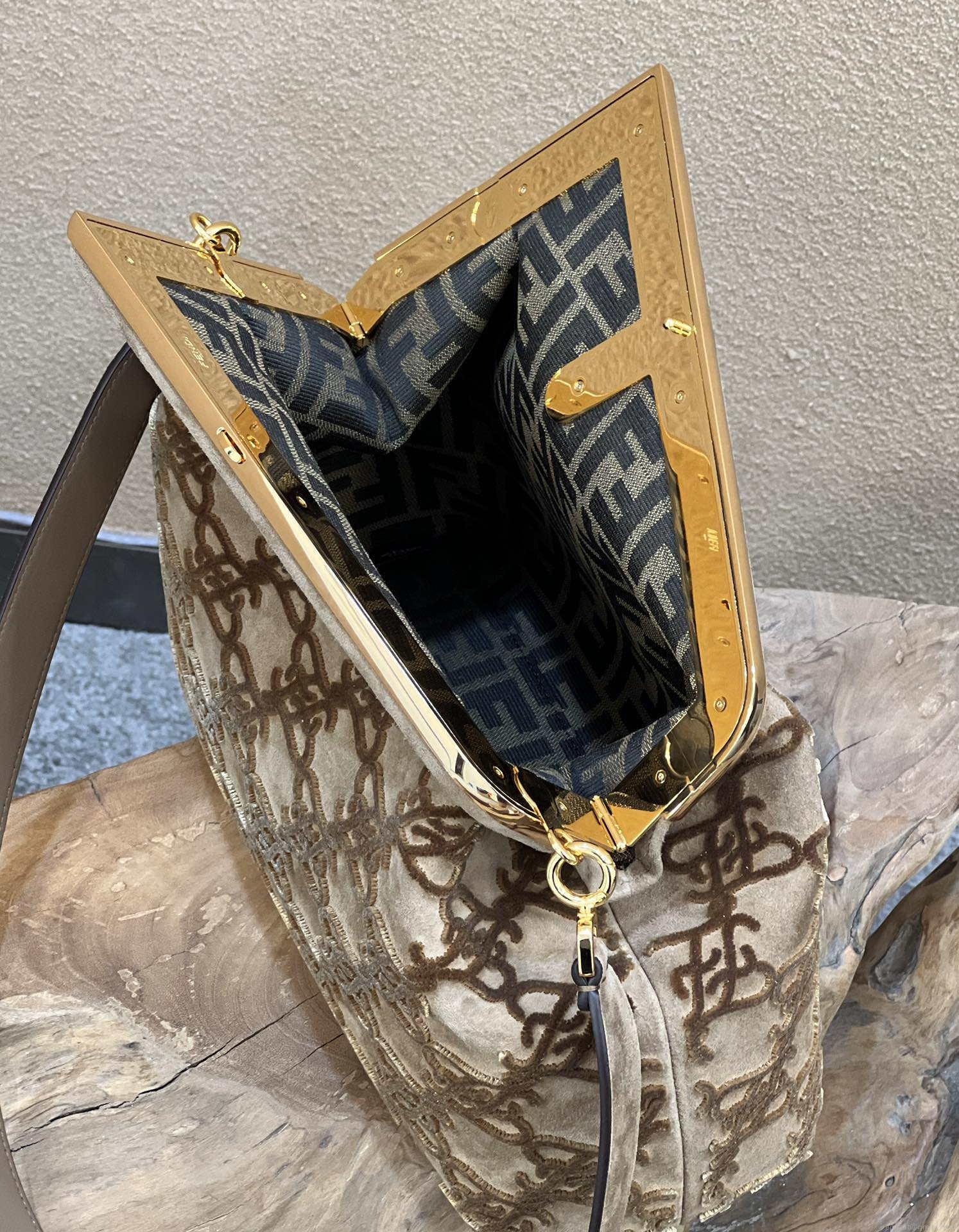 Fendi 8BP127 Fendi First Medium Khaki suede bag