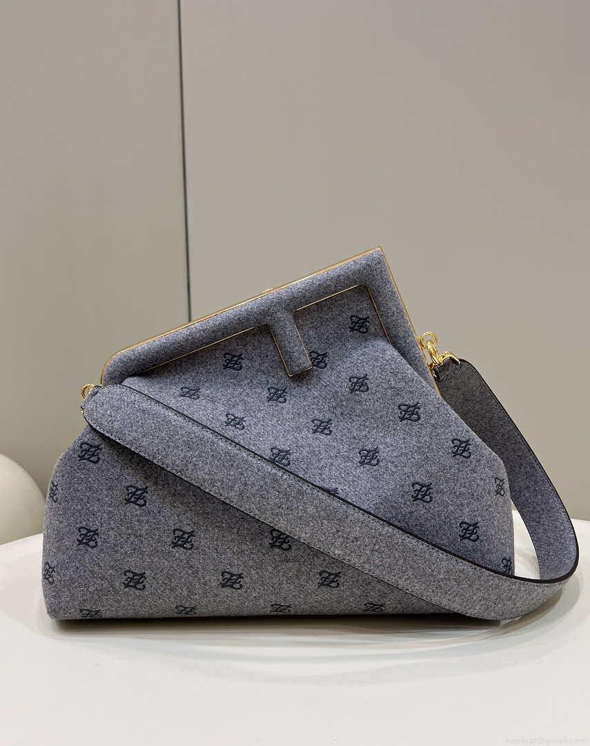 Fendi 8BP127 Fendi First Medium Gray flannel bag with embroidery