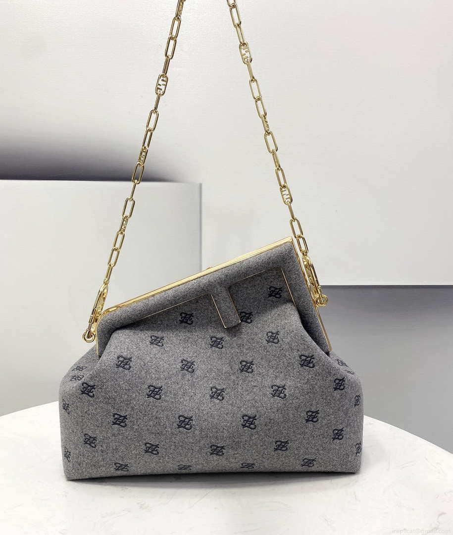 Fendi 8BP127 Fendi First Medium Light Gray flannel bag with embroidery