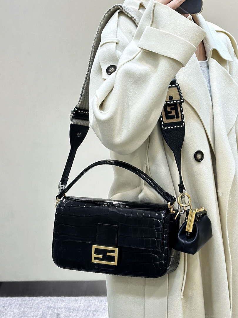 Fendi 8BR600 Baguette Medium Crocodile leather 8628 bag Black