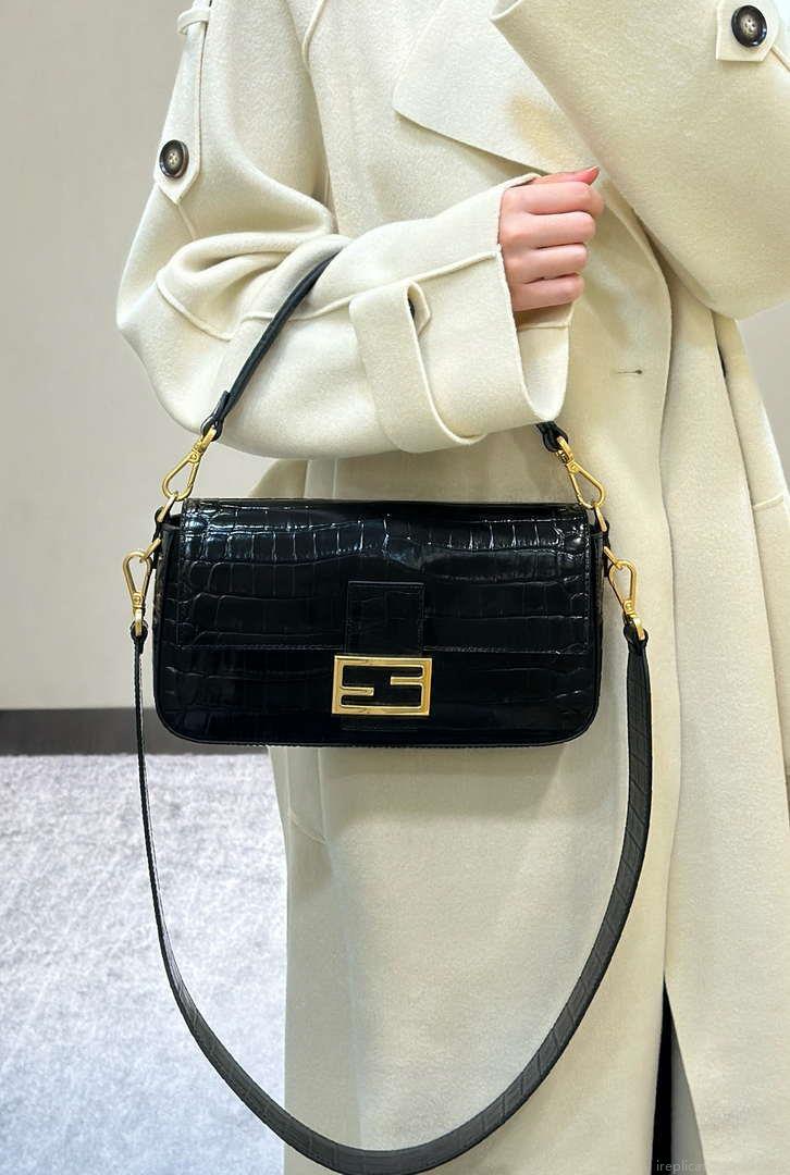 Fendi 8BR600 Baguette Medium Crocodile leather 8628 bag Black