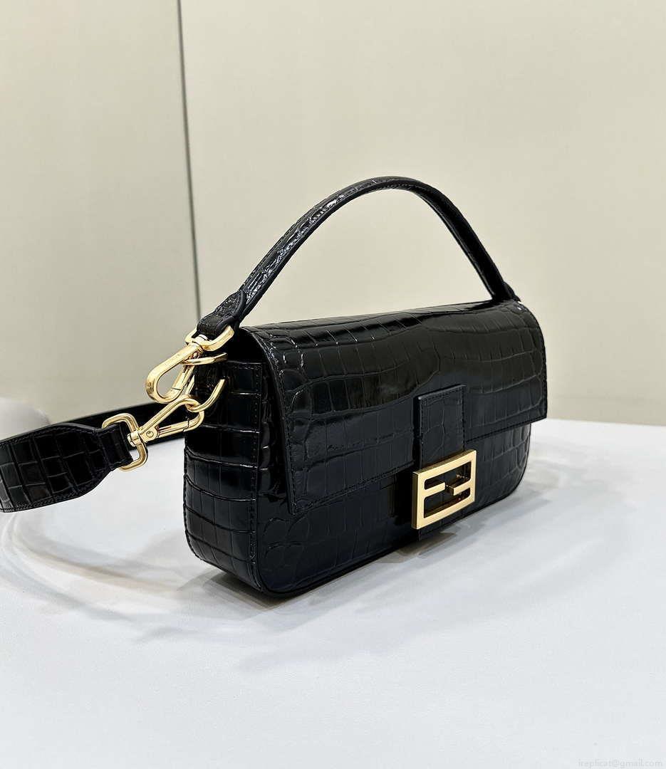 Fendi 8BR600 Baguette Medium Crocodile leather 8628 bag Black