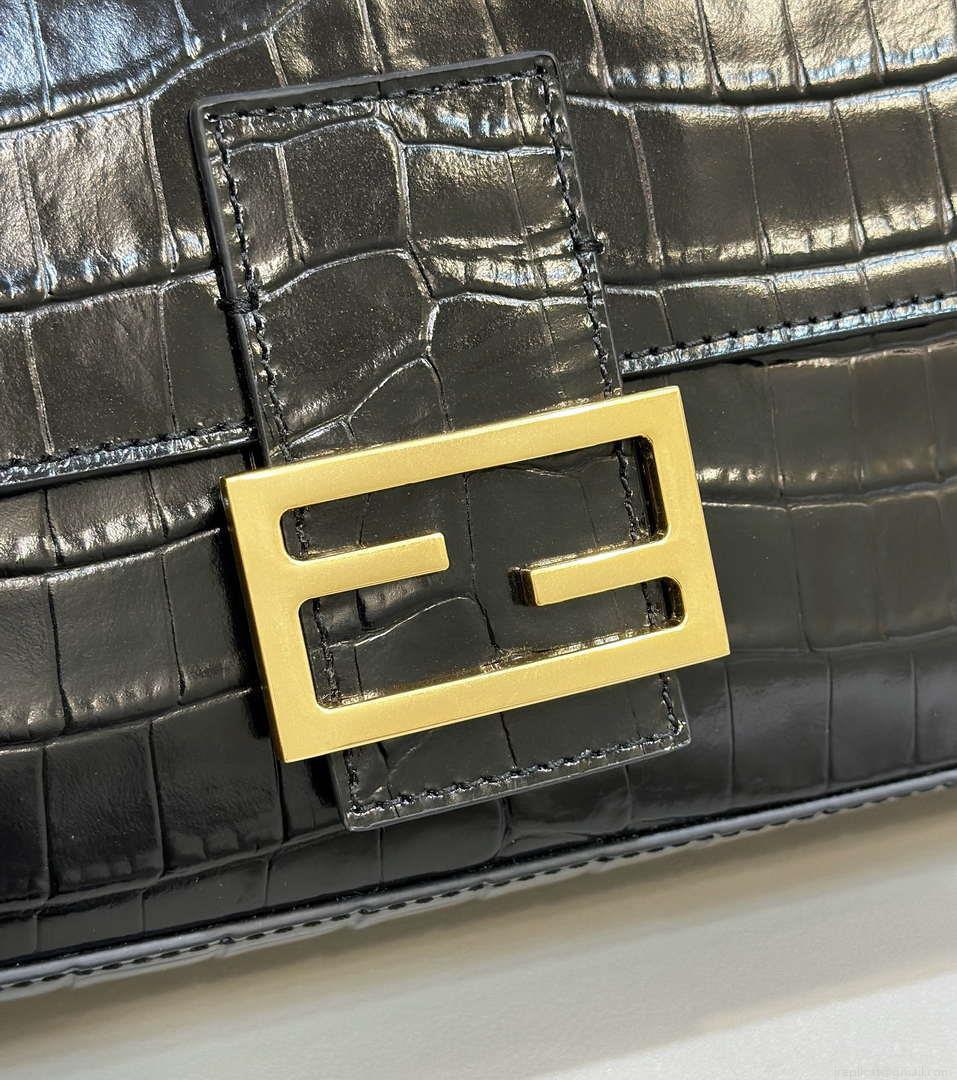 Fendi 8BR600 Baguette Medium Crocodile leather 8628 bag Black