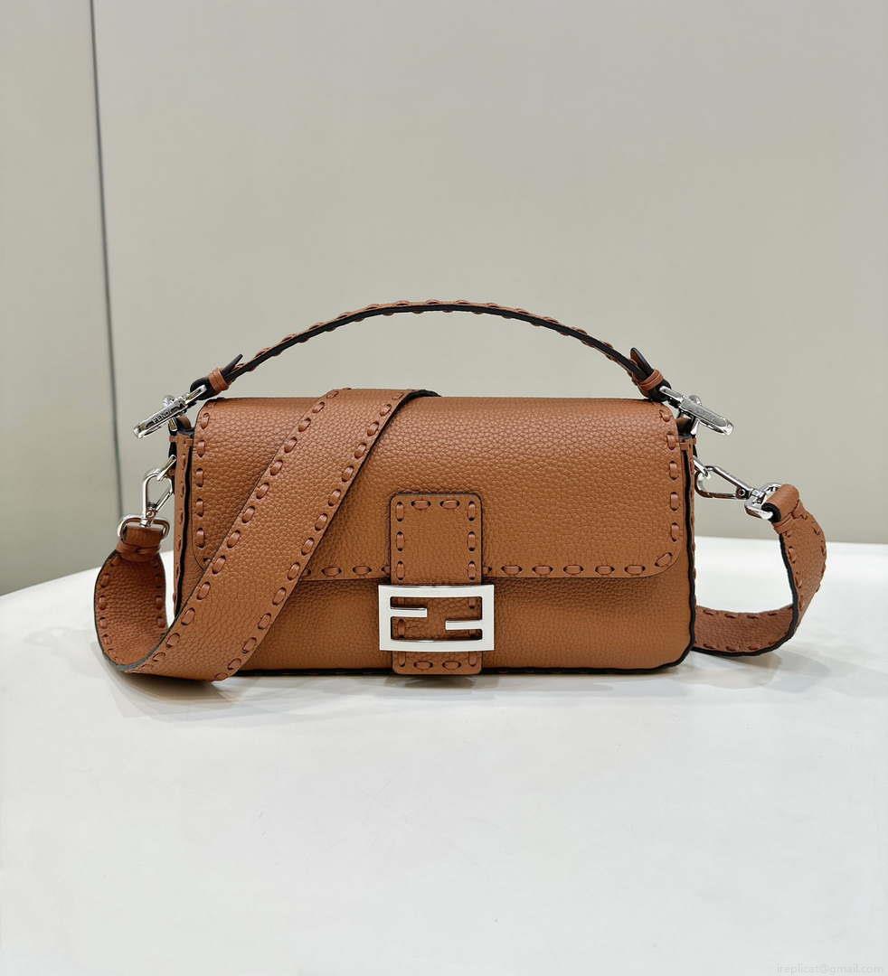 Fendi 8BR600 Baguette Brown Selleria bag with Oversized Topstitching 8610