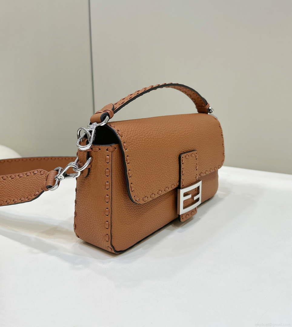 Fendi 8BR600 Baguette Brown Selleria bag with Oversized Topstitching 8610