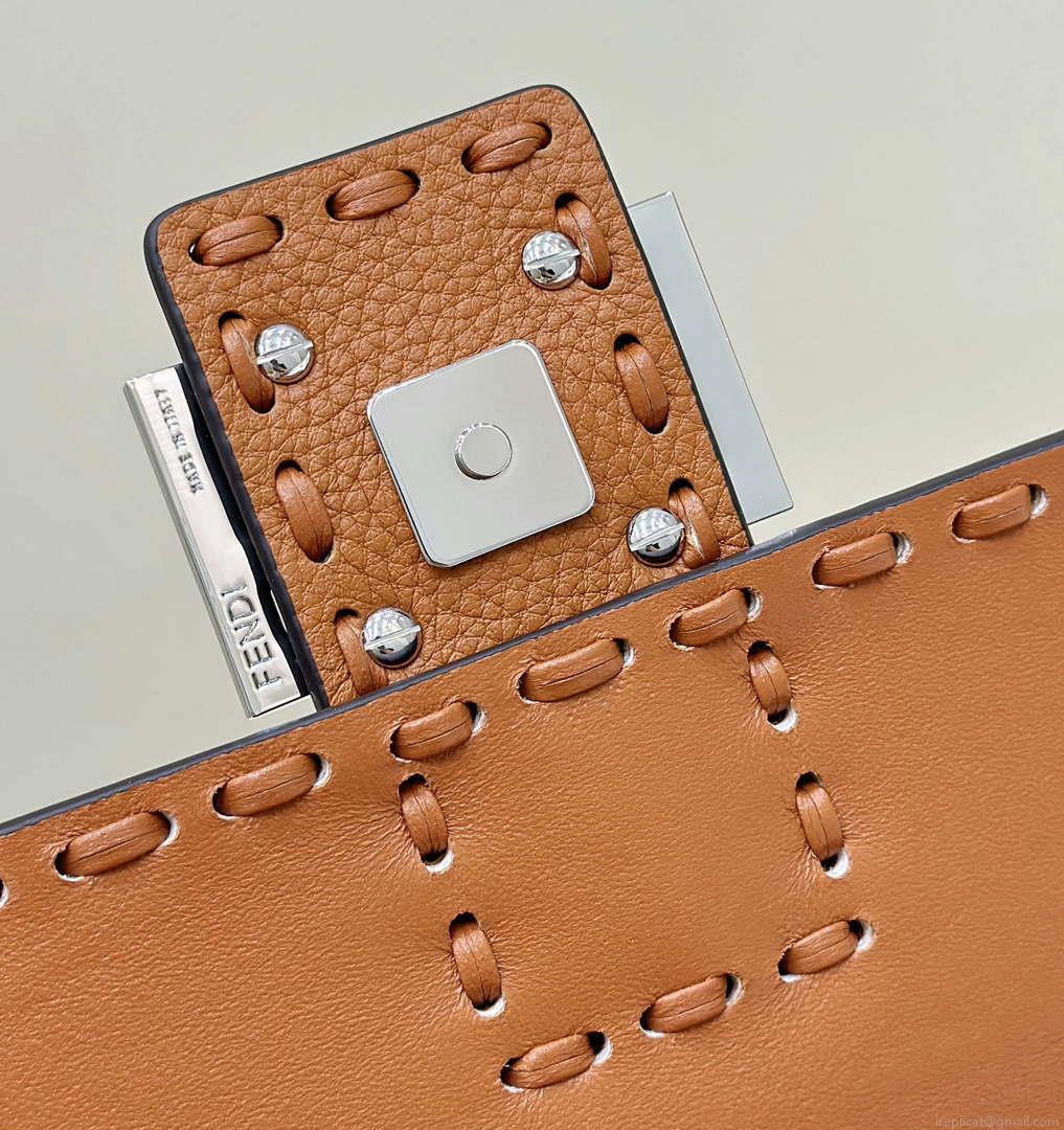 Fendi 8BR600 Baguette Brown Selleria bag with Oversized Topstitching 8610