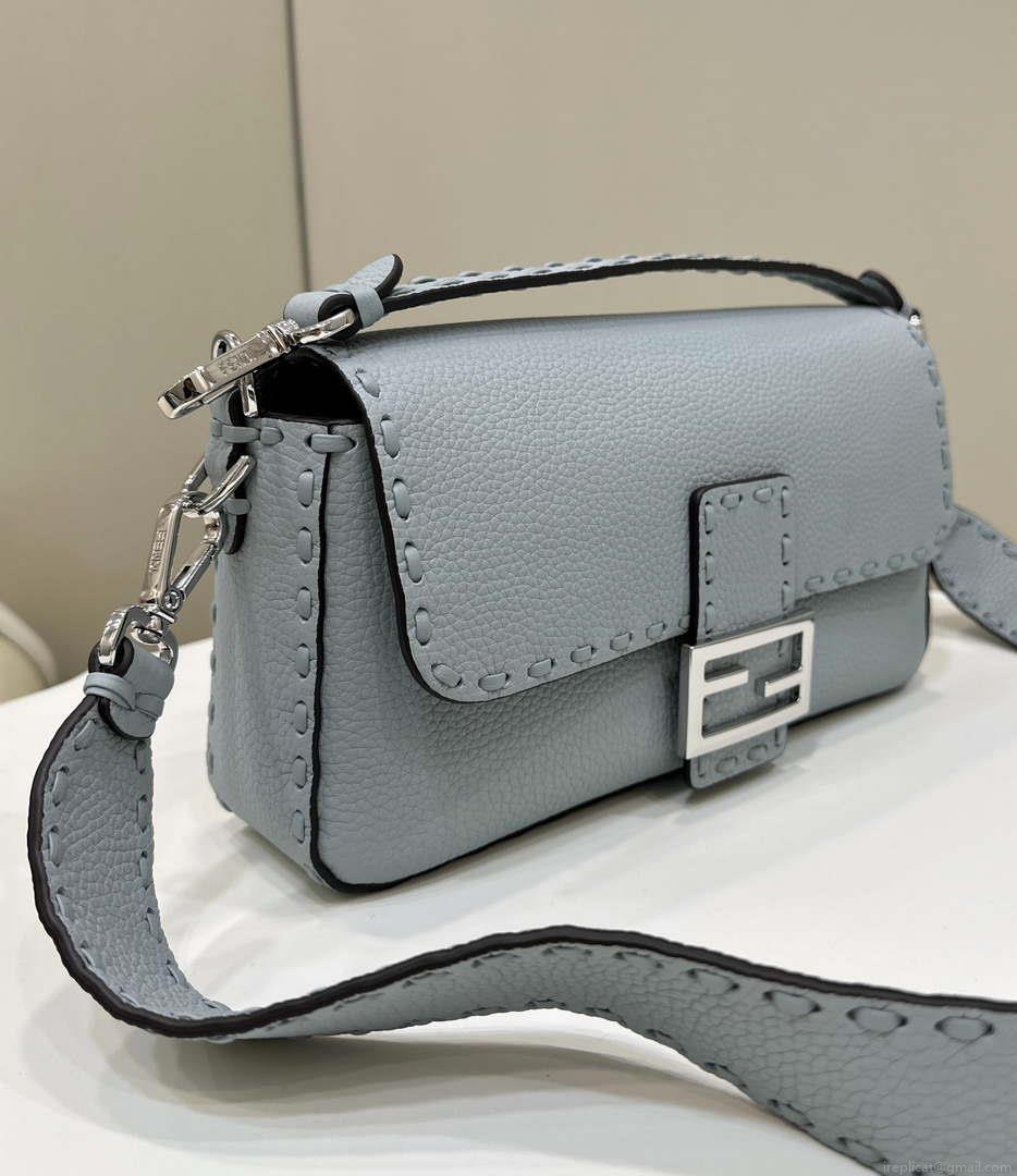 Fendi 8BR600 Baguette Light Blue Selleria bag with Oversized Topstitching 8610