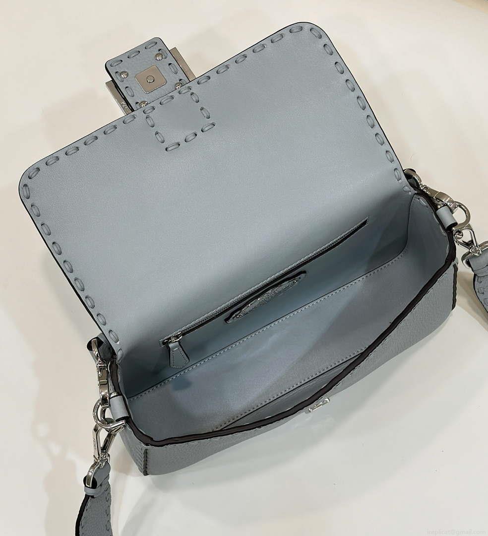 Fendi 8BR600 Baguette Light Blue Selleria bag with Oversized Topstitching 8610