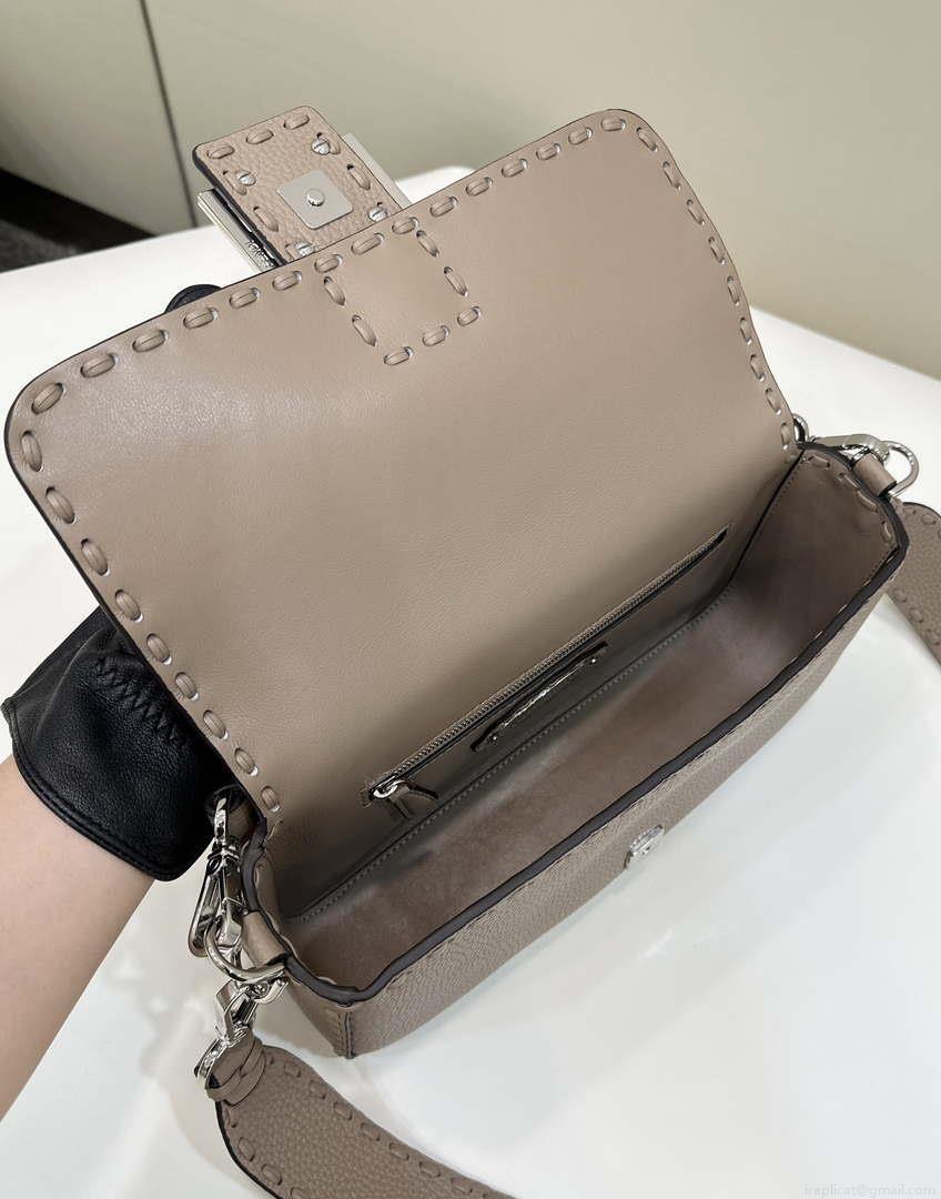 Fendi 8BR600 Baguette Grey Selleria bag with Oversized Topstitching 8610