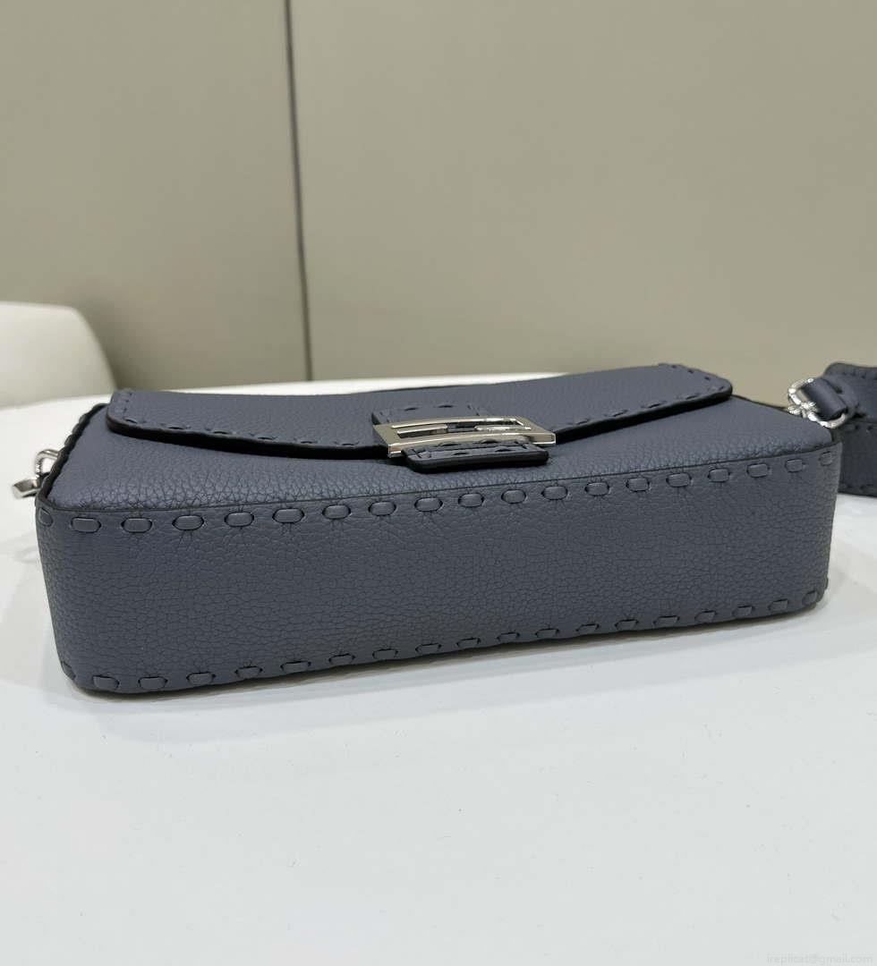 Fendi 8BR600 Baguette Grey blue Selleria bag with Oversized Topstitching 8610
