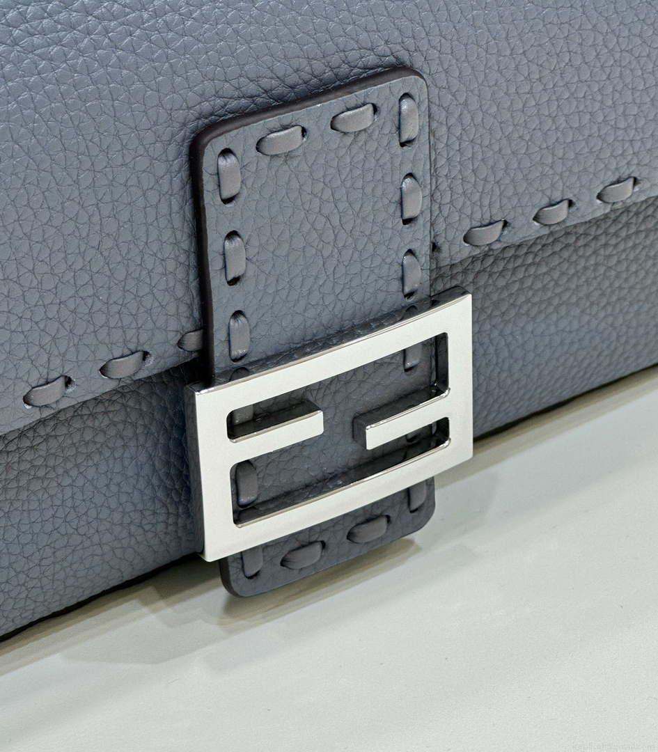 Fendi 8BR600 Baguette Grey blue Selleria bag with Oversized Topstitching 8610