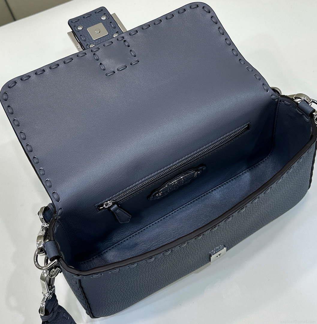 Fendi 8BR600 Baguette Grey blue Selleria bag with Oversized Topstitching 8610