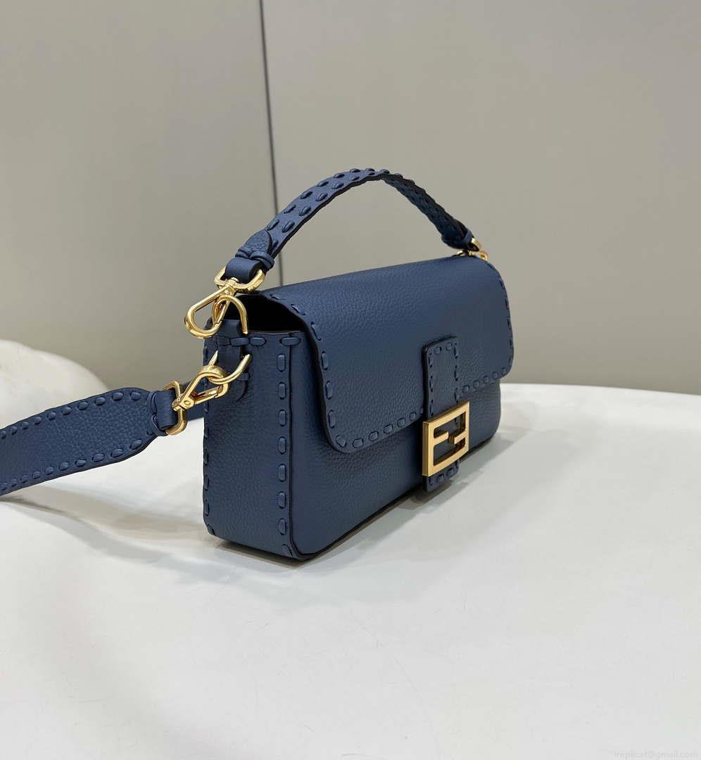 Fendi 8BR600 Baguette Navy blue Selleria bag with Oversized Topstitching 8610