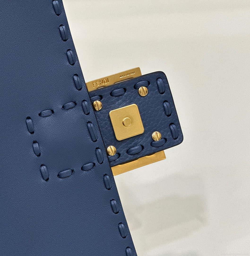 Fendi 8BR600 Baguette Navy blue Selleria bag with Oversized Topstitching 8610