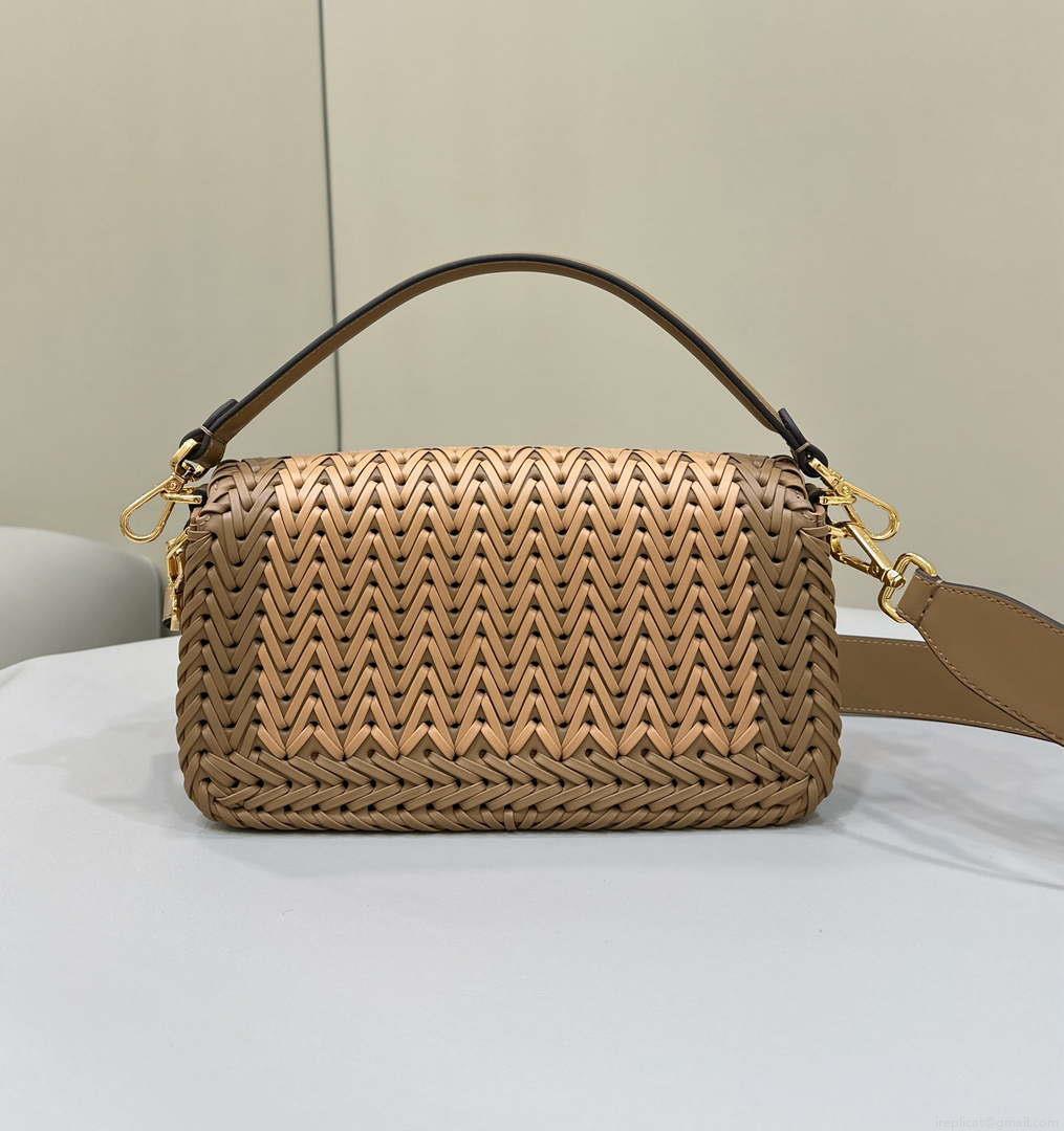 Fendi 8BR600 Baguette Sand and Brown interlaced leather and raffia bag 8630