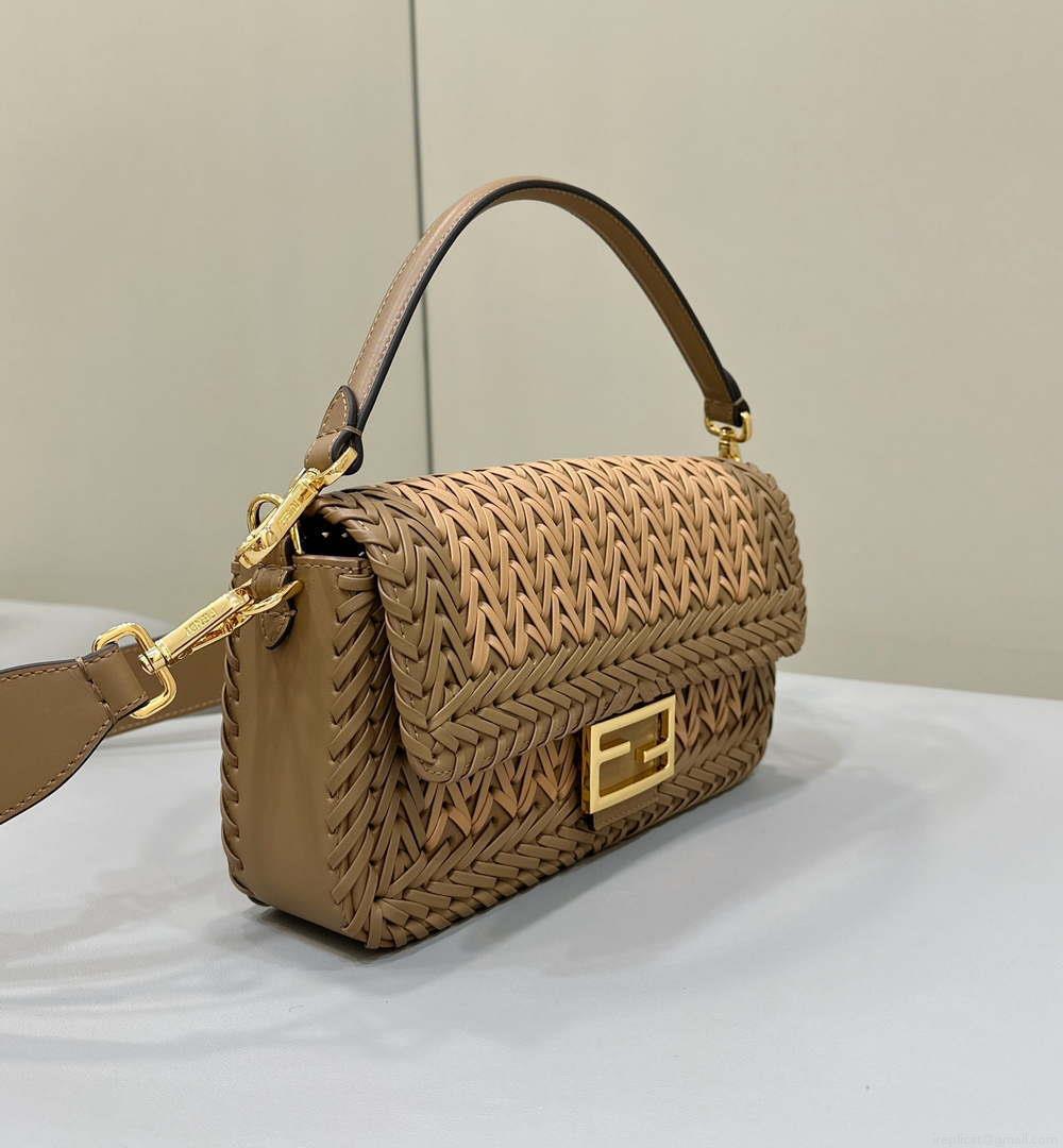 Fendi 8BR600 Baguette Sand and Brown interlaced leather and raffia bag 8630