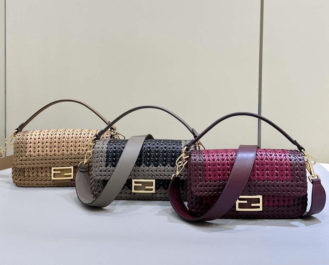 Fendi 8BR600 Baguette Wine Red interlaced leather and raffia bag 8630