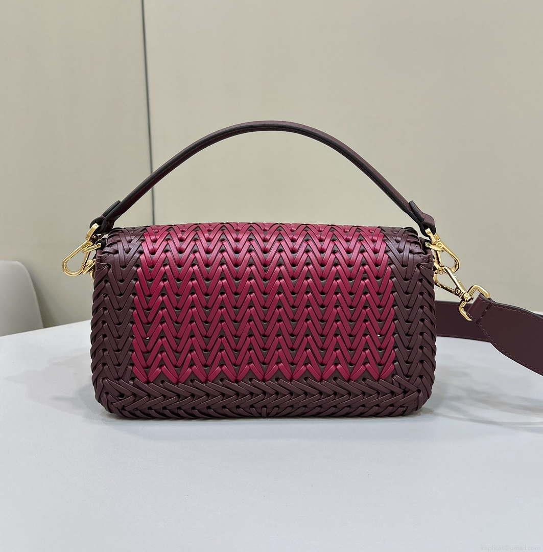 Fendi 8BR600 Baguette Wine Red interlaced leather and raffia bag 8630