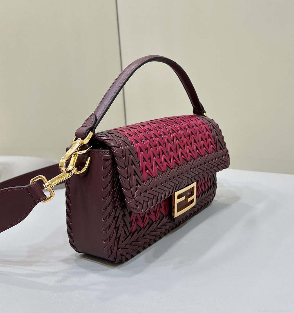 Fendi 8BR600 Baguette Wine Red interlaced leather and raffia bag 8630
