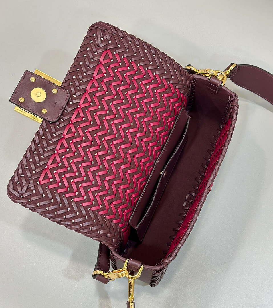 Fendi 8BR600 Baguette Wine Red interlaced leather and raffia bag 8630