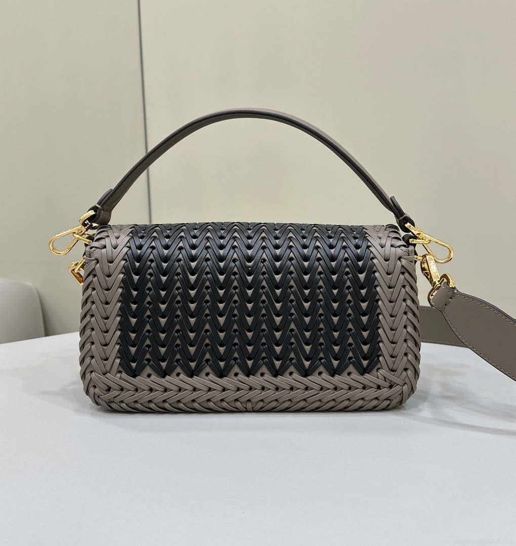 Fendi 8BR600 Baguette Gray and Black interlaced leather and raffia bag 8630