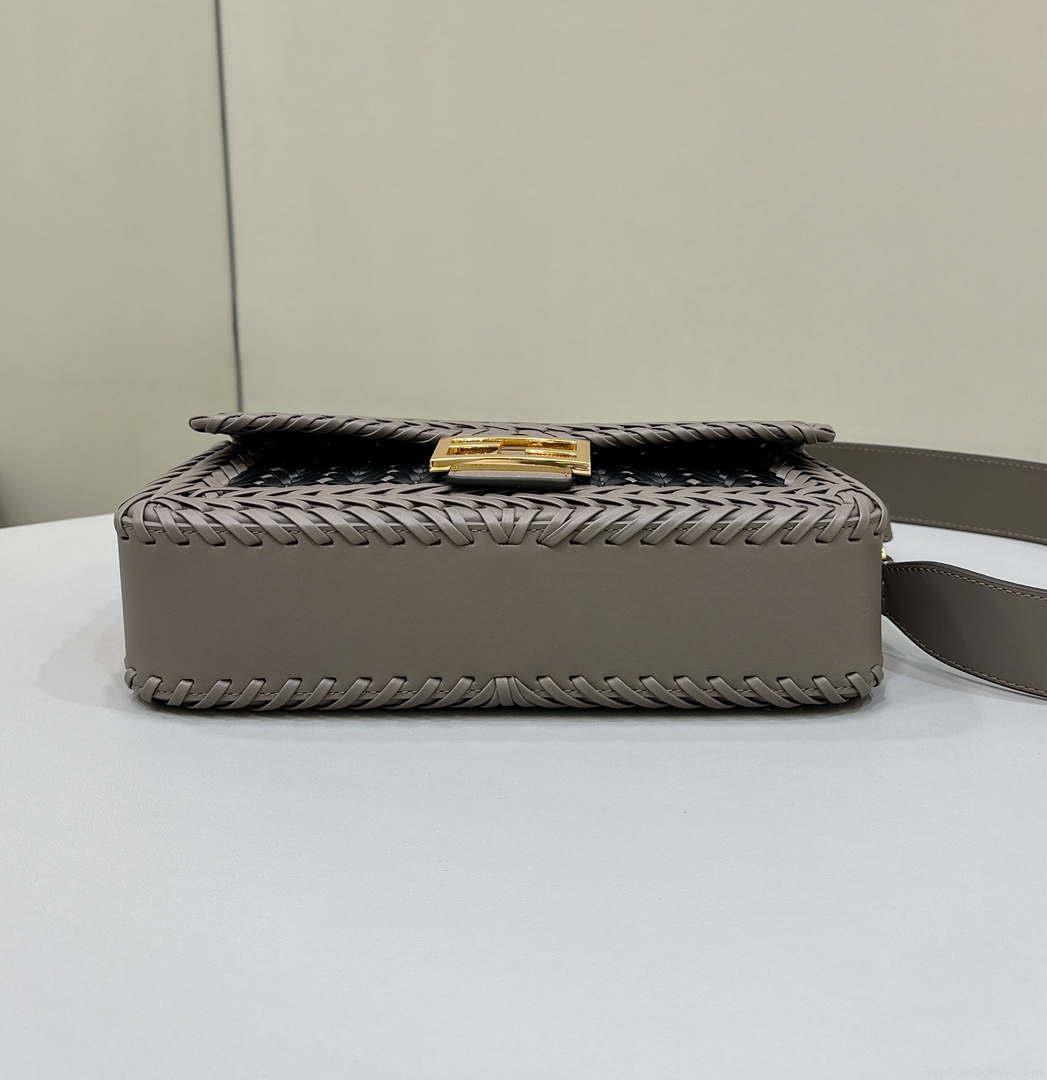 Fendi 8BR600 Baguette Gray and Black interlaced leather and raffia bag 8630