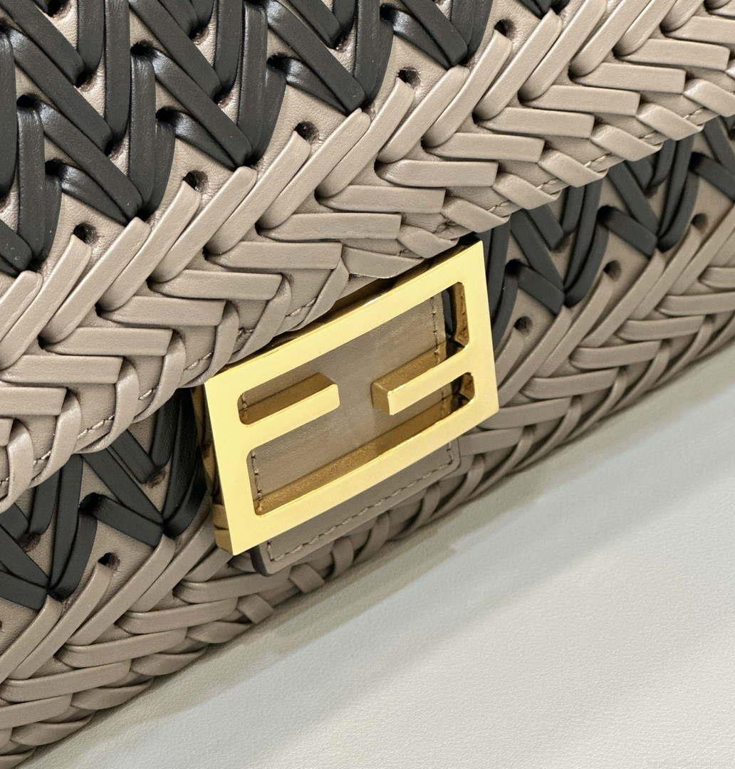 Fendi 8BR600 Baguette Gray and Black interlaced leather and raffia bag 8630