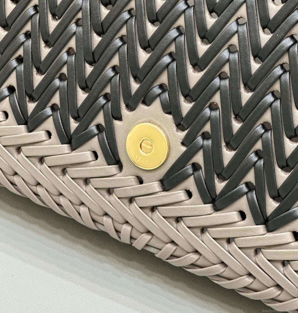 Fendi 8BR600 Baguette Gray and Black interlaced leather and raffia bag 8630