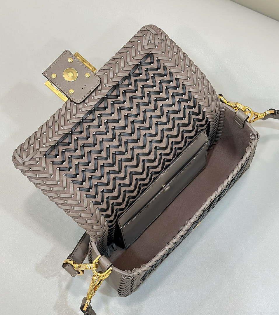 Fendi 8BR600 Baguette Gray and Black interlaced leather and raffia bag 8630