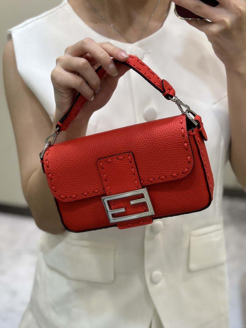 Fendi 8BS017 Baguette Mini Red Selleria bag with 309 hand-sewn Tpstitches 8610S