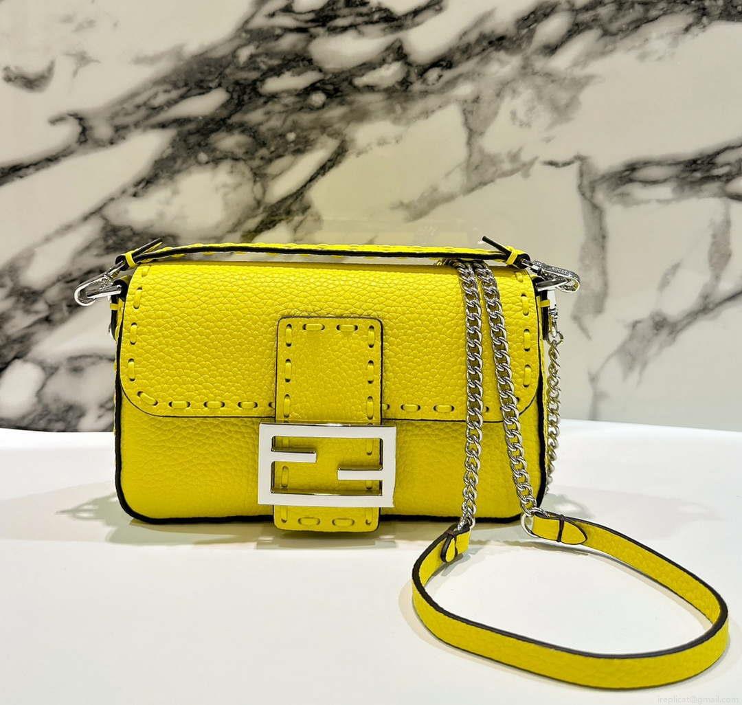 Fendi 8BS017 Baguette Mini Acid yellow Selleria bag with 309 hand-sewn Tpstitches 8610S