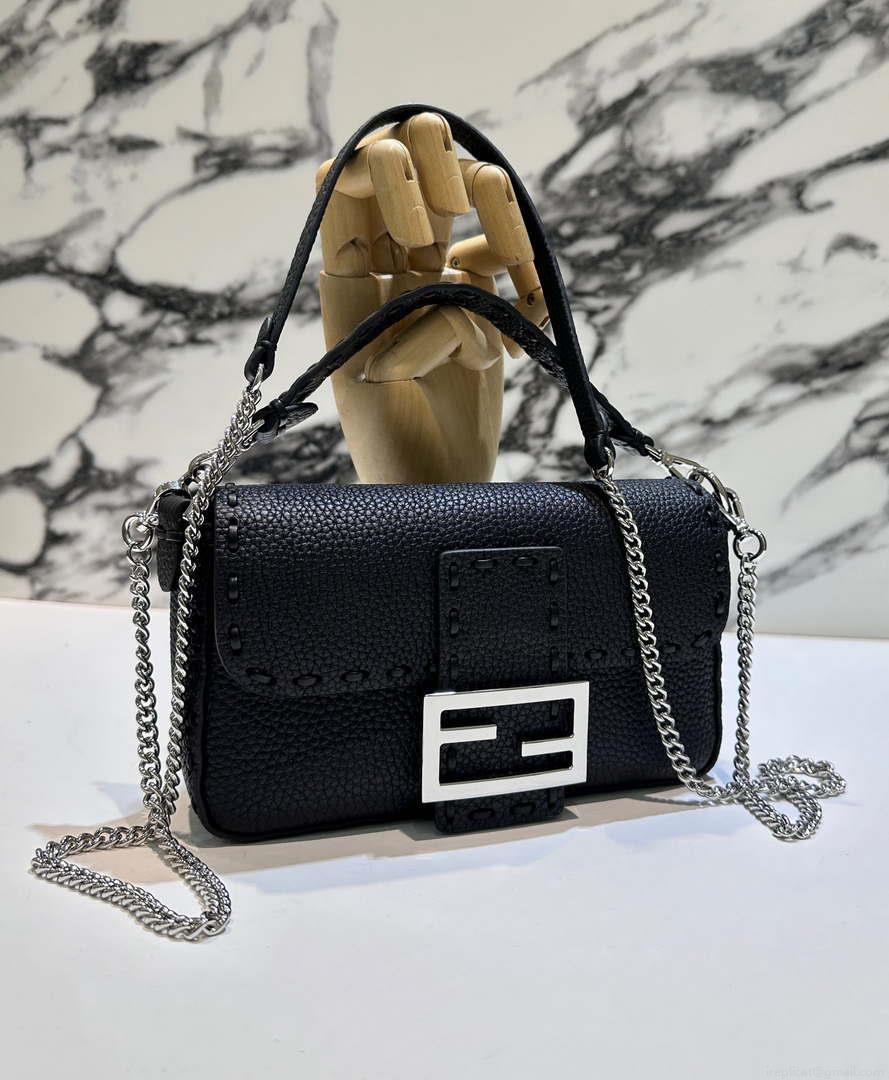 Fendi 8BS017 Baguette Mini Black Selleria bag with 309 hand-sewn Tpstitches 8610S