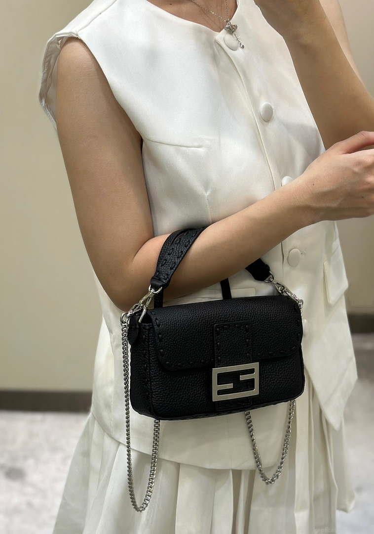 Fendi 8BS017 Baguette Mini Black Selleria bag with 309 hand-sewn Tpstitches 8610S