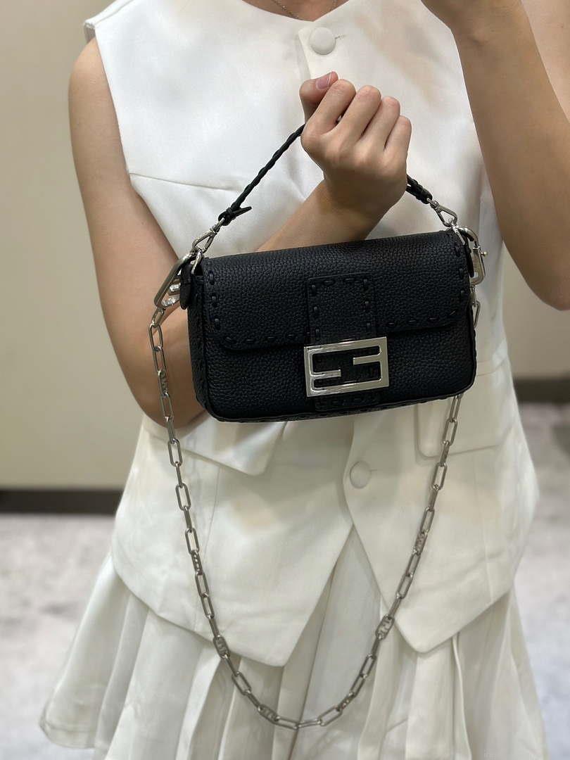 Fendi 8BS017 Baguette Mini Black Selleria bag with 309 hand-sewn Tpstitches 8610S