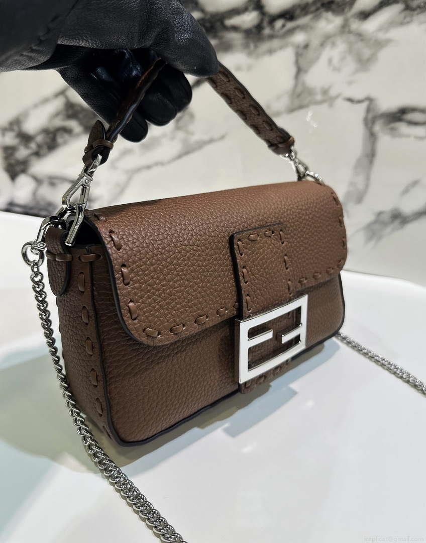 Fendi 8BS017 Baguette Mini Dark Brown Selleria bag with 309 hand-sewn Tpstitches 8610S