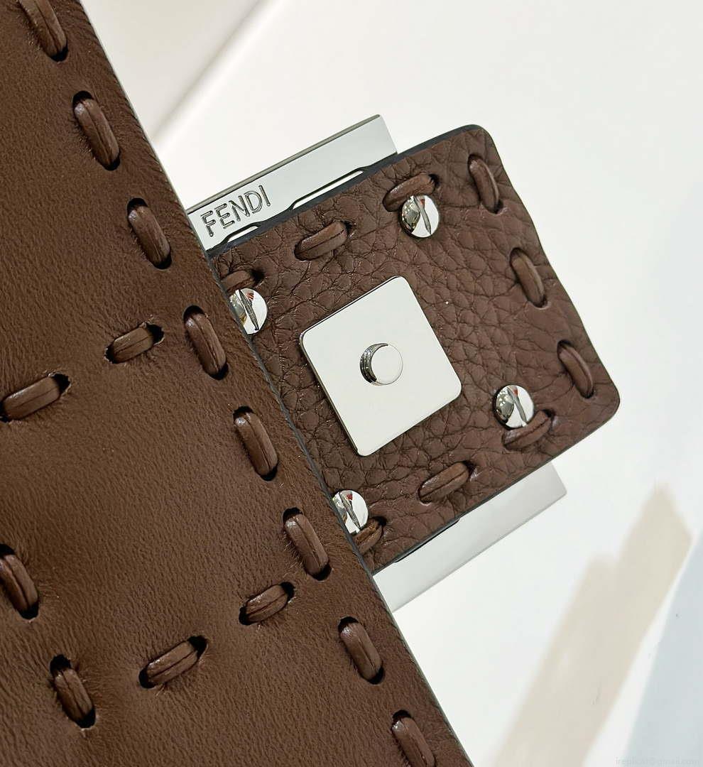 Fendi 8BS017 Baguette Mini Dark Brown Selleria bag with 309 hand-sewn Tpstitches 8610S