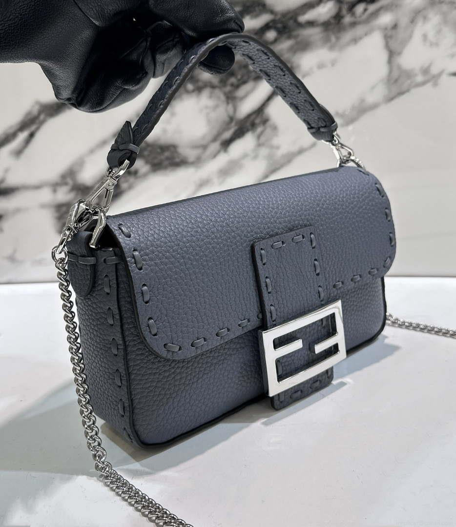 Fendi 8BS017 Baguette Mini Gray Blue Selleria bag with 309 hand-sewn Tpstitches 8610S