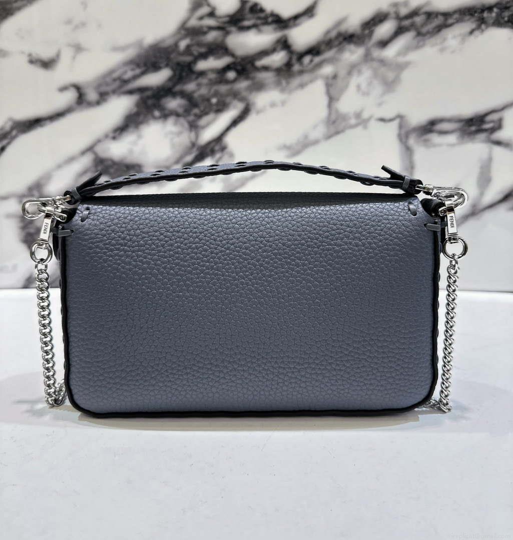 Fendi 8BS017 Baguette Mini Gray Blue Selleria bag with 309 hand-sewn Tpstitches 8610S