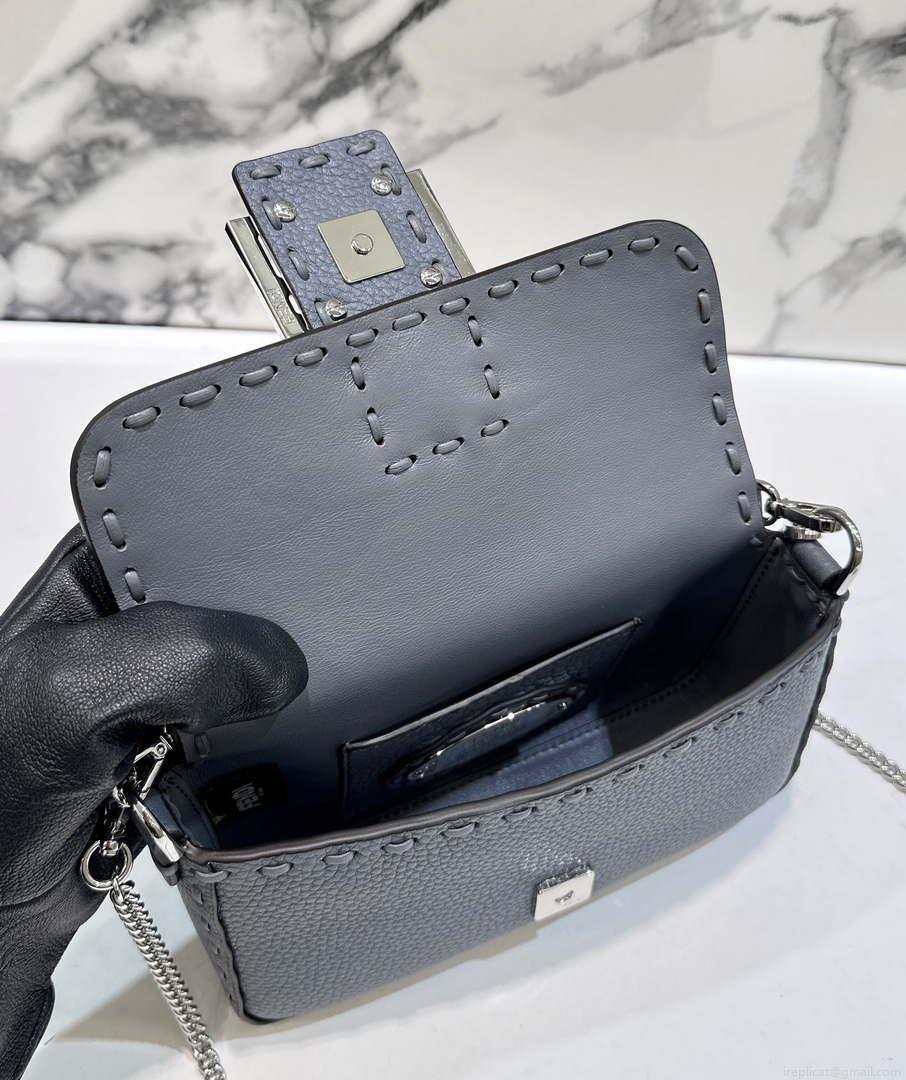 Fendi 8BS017 Baguette Mini Gray Blue Selleria bag with 309 hand-sewn Tpstitches 8610S
