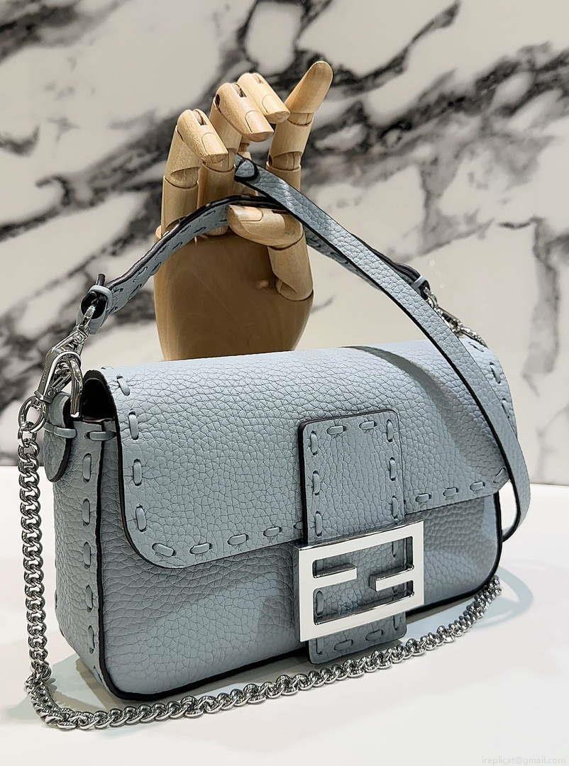 Fendi 8BS017 Baguette Mini Blue Selleria bag with 309 hand-sewn Tpstitches 8610S