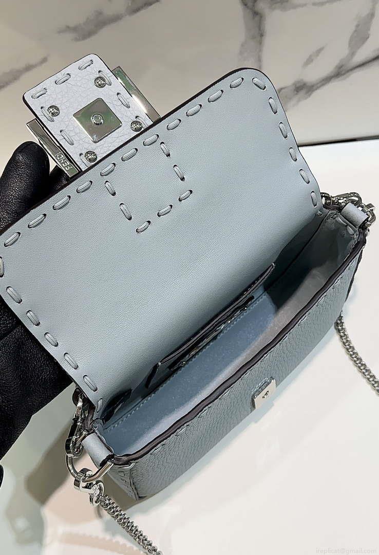 Fendi 8BS017 Baguette Mini Blue Selleria bag with 309 hand-sewn Tpstitches 8610S
