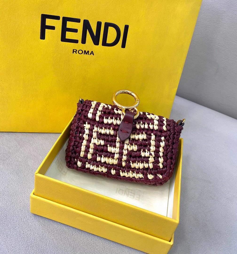 Fendi 7AR844 Nano Baguette Charm Wine Red Raffia Charm